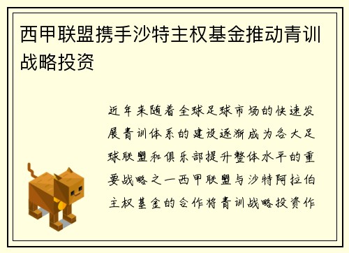 西甲联盟携手沙特主权基金推动青训战略投资 西甲联盟携手沙特主权基金推动青训战略投资